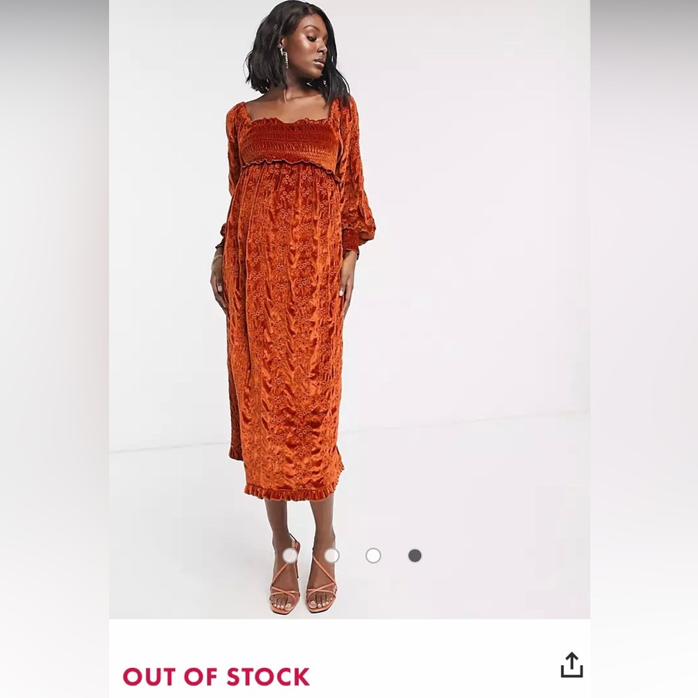 ASOS DESIGN Maternity velvet broderie shirred midi dress in rust